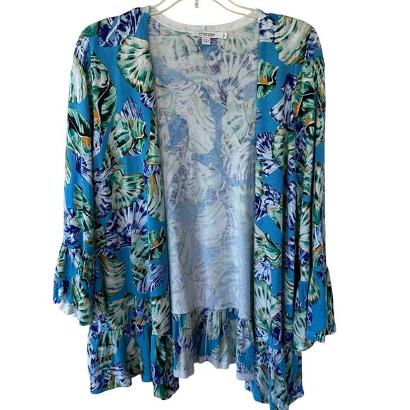 Chico’s Size XL Lite abstract print ruffled open cardigan 3/4 sleeves size XXL - Picture 1 of 11